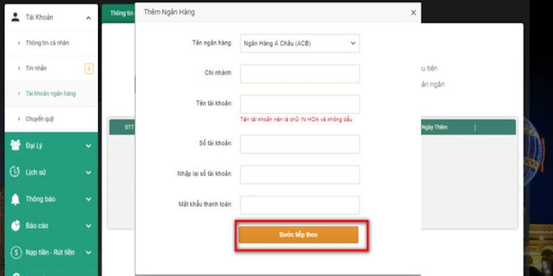 Cung cấp các thông tin cần thiết trong Form rút tiền Loto188